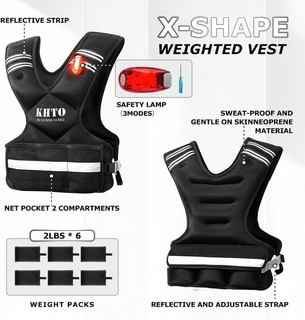 KHTO Adjustable Weighted Vest for Men and Women with Warning Light Reflective Strip，Large Weight Vest for Exercise Set Cardio and Strength Training (4-10lb/11-20lb/20-32lb)