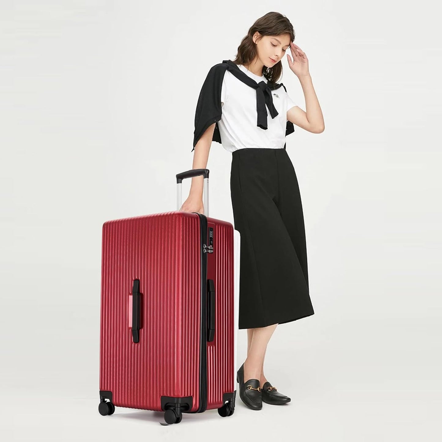 GinzaTravel Trunk Luggage, 28 Inch Luggage with Spinner Wheels, Scratch resistant texture Lightweight PC material with TSA Lock (Wine Red)