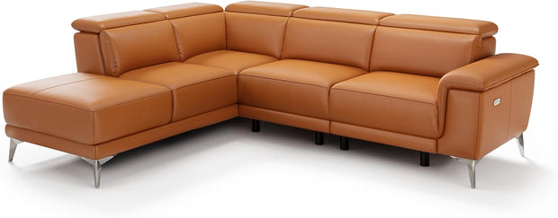 Valencia Pista Full Leather Left Chaise Sofa 112.5" | Italian Nappa Leather Modern Cloud Couch for Living Room/Apartment Furniture | Power Recliner, Ultimate Comfort, Cognac