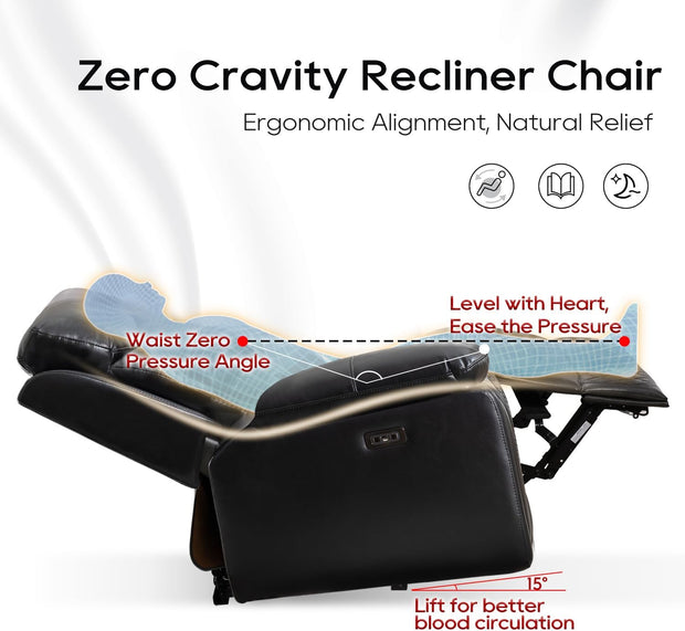 Power Recliner Sofa Set of 3 Piece with Bass Speakers for Living Room,Faux Leather Electric Zero Gravity 3 Seater Reclining Couch with Wireless Charger and Loveseat Theater Chair with LED Lights,Black