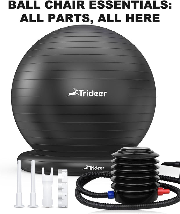 Trideer Exercise Yoga Ball Chair with Base for Home Office Desk, Stability & Fitness Ball Seat to Relieve Back Pain, Home Gym Workout for Abs, Pregnancy Ball with Pump