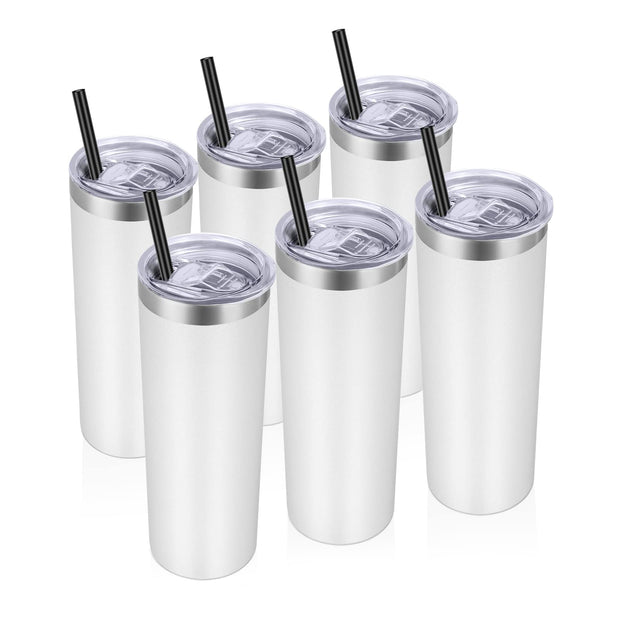 VEGOND Stainless Steel Tumblers Bulk 12 Pack, 20 oz Vacuum Insulated Skinny Tumblers with Lids and Straws, Double Wall Coffee Mug, Travel Water Cup, White