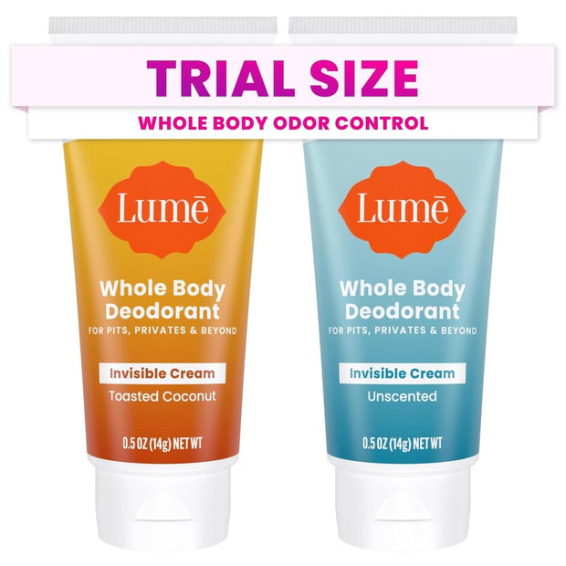 Lume Whole Body Deodorant - Mini Travel Size Invisible Cream Tube - Trial Size - 72 Hour Odor Control - Doctor Developed - Aluminum and Baking Soda Free - .5oz (Pack of 2) (Fresh Alpine & Unscented)