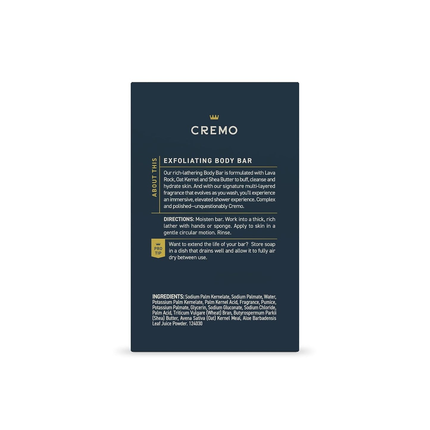 Cremo Exfoliating Body Bar for Men, Palo Santo Scent, Multi-Layered Fragrance That Buffs, Cleanses and Hydrates Skin, 5oz
