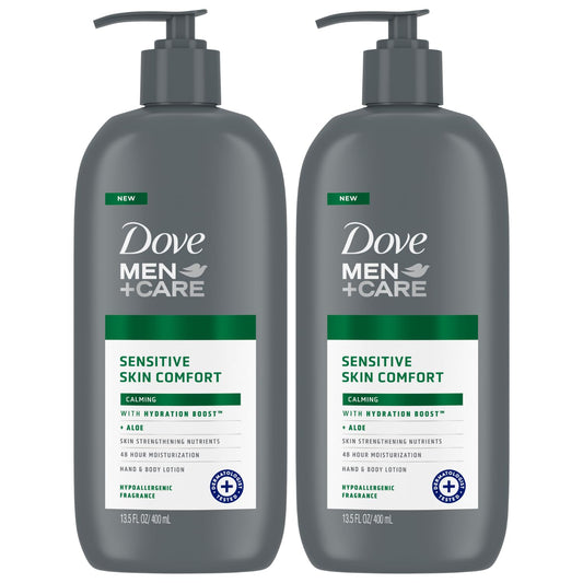Dove Hand & Body Lotion, Men+Care Value Pack – Sensitive Skin Comfort Formula with Shea Butter & Aloe Vera, Calming Lotion for Dry Skin, 13.5 Fl Oz (Pack of 2)