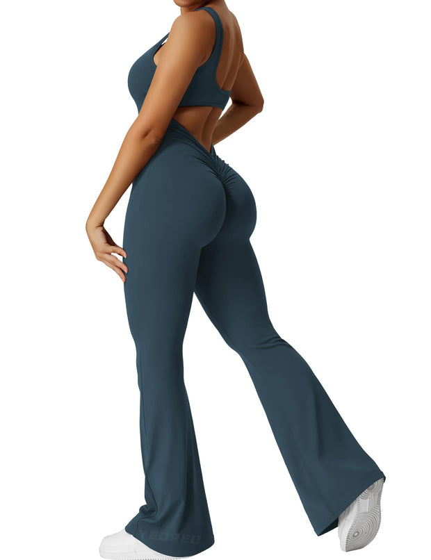 YEOREO Women Workout Scrunch Flare Jumpsuits Sexy Backless Butt Lift Gym Yoga Jumpsuits