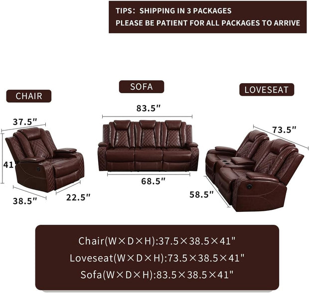 Living Room Set Brown Breathing Leather Sofa Living Room Furniture Set Power Recliner Manual Sofa,Loveseat and Chair with Cup Holders/Storage Console/LED Light for Living Room