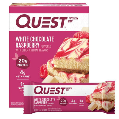 Quest Nutrition White Chocolate Raspberry Protein Bars, 20g Protein, 1g Sugar, 5g Net Carb, High Fiber, Gluten Free, Keto Friendly, 4 Count