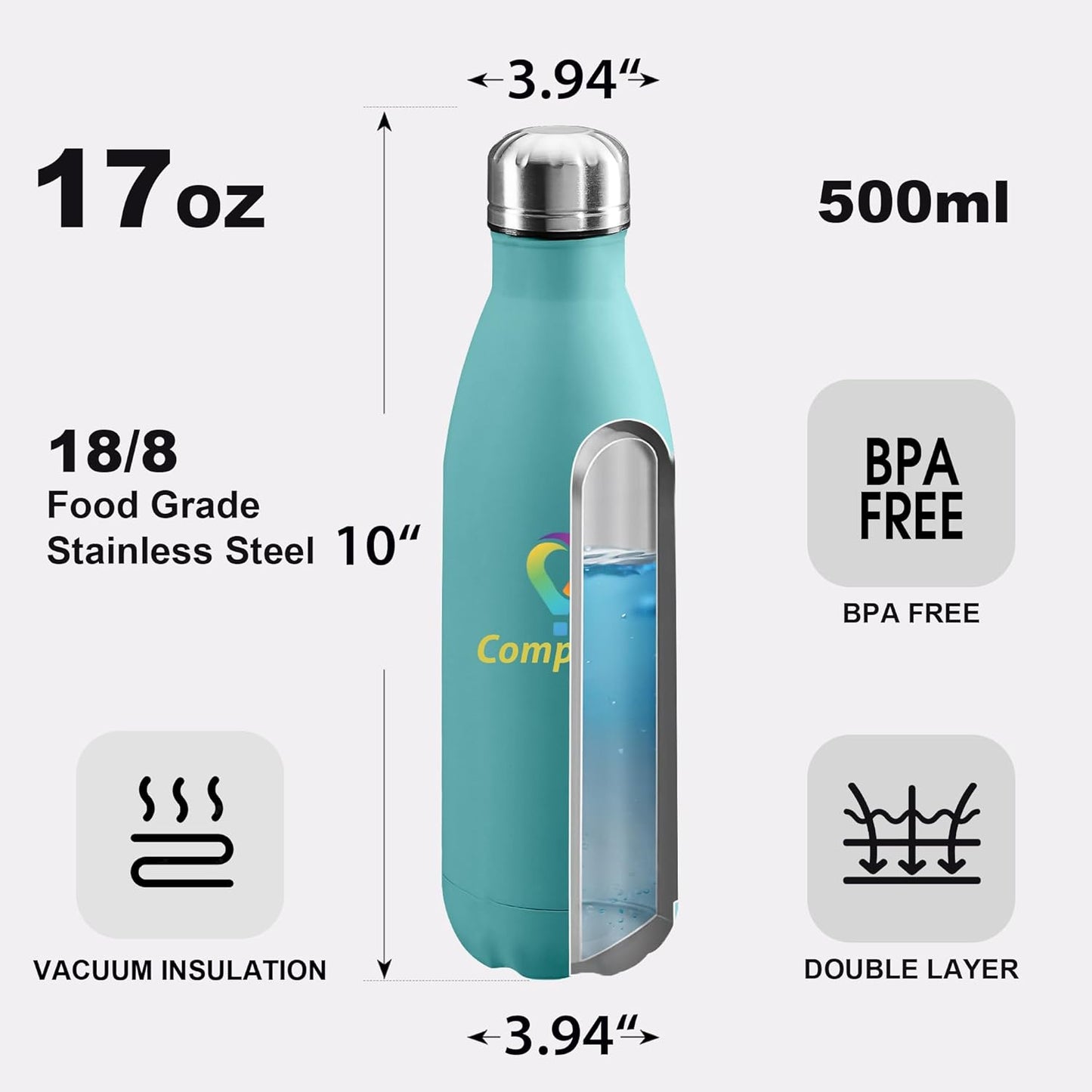 Personalized Custom Water Bottles 17oz Stainless Steel Double Wall Insulated Leakproof Cups for Sports Outdoors With Colorful Text Logo Print in USA
