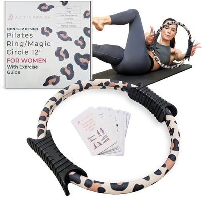 Pilates Ring Fitness Circle for Women – 12" Magic Circle Pilates Equipment Tool with Exercise Guide - Leopard Print