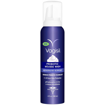 Vagisil Menopause Support Probiotic Mousse Wash, pH Balanced for Mature Microbiome, 24 Hour Freshness, Light Botanical Scent, Gentle Formula For Mature Skin, Sulfate-Free, 6 oz