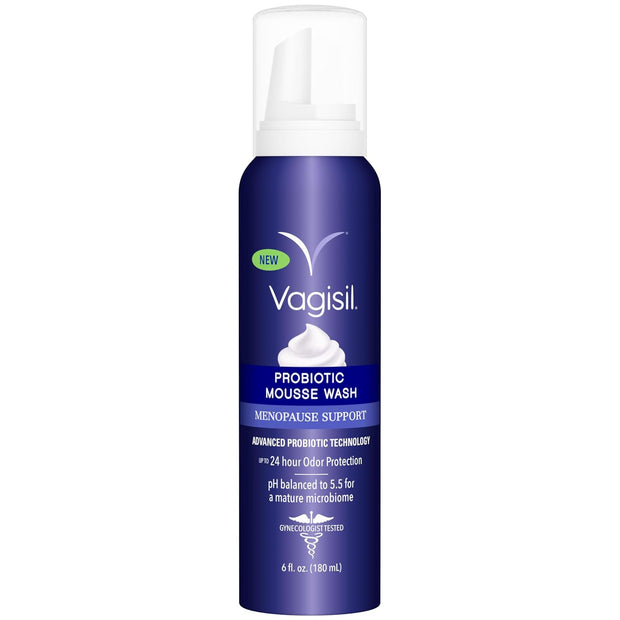 Vagisil Menopause Support Probiotic Mousse Wash, pH Balanced for Mature Microbiome, 24 Hour Freshness, Light Botanical Scent, Gentle Formula For Mature Skin, Sulfate-Free, 6 oz