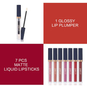 QiBest 7Pcs Matte Liquid Lipstick + 1Pcs Lip Plumper Makeup Set Kit, Pigmented Long Lasting Lip Gloss Set, Velvet Waterproof Halloween Lip Makeup Valentine's Gift Sets for Girls and Women