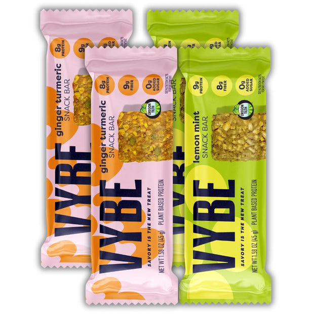 Vybe Snacks Savory Nutrition Bars Turmeric Ginger Flavor | Plant Based Vegan, Zero Added Sugar, Gluten Free, Keto Friendly, No Artificial Ingredients, Organic, 8-9 gm Protein & Gut Friendly Fiber Crunchy & Delicious (Box of 12, 45g each)