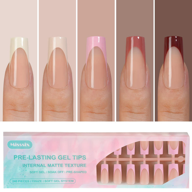 Misssix French Gel Nail Tips, 150Pcs French Tip Press on Nails Long Square Design, No Need to File Tips Pre-lasting, Fake Nails for Nail Art DIY 15 Sizes