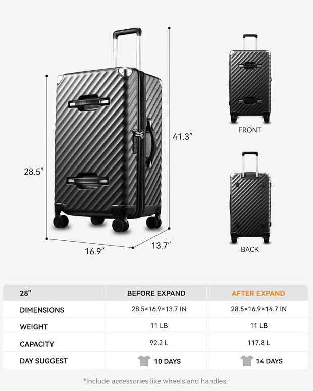 LUGGEX Trunk Luggage, Large Suitcases with Shock-Absorbing Spinner Wheels, Deep Capacity Expandable Hard Shell Suitcase 28 Inch, Charcoal Metallic, 92.2L