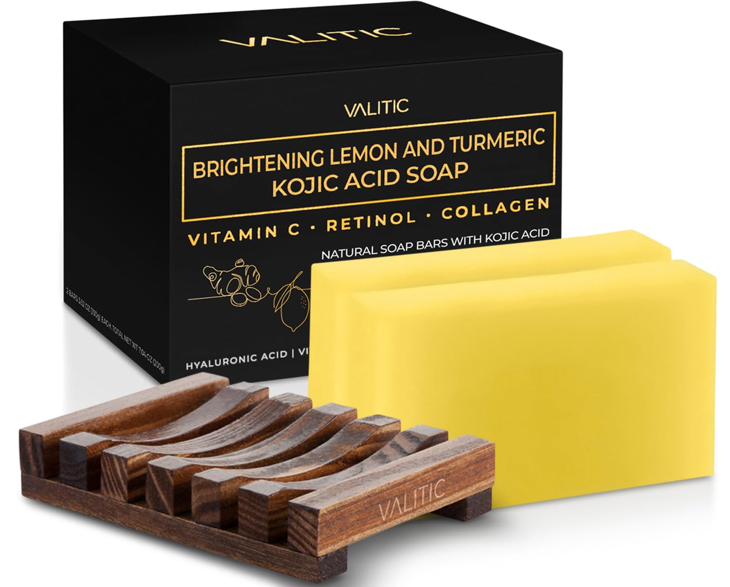 VALITIC Brightening Lemon & Turmeric Kojic Acid Soap with Vitamin C, Retinol, Collagen - Original Japanese Complex Infused with Hyaluronic Acid, Vitamin E, Shea Butter, Castile Olive Oil (2 Pack)