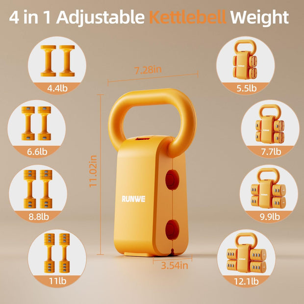Lightweight Adjustable Dumbbell Kettlebell Set - 4 in 1 Free Weight Set with Kettlebell Grip Converter, Each 2.2 3.3 4.4 5.5lb Quick Change Weight Women Dumbbell Set for Small Spaces Home Gym
