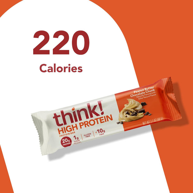 think! Protein Bars, High Protein Snacks, Gluten Free, High Fiber, Peanut Butter Chocolate Chunk, 10 Count