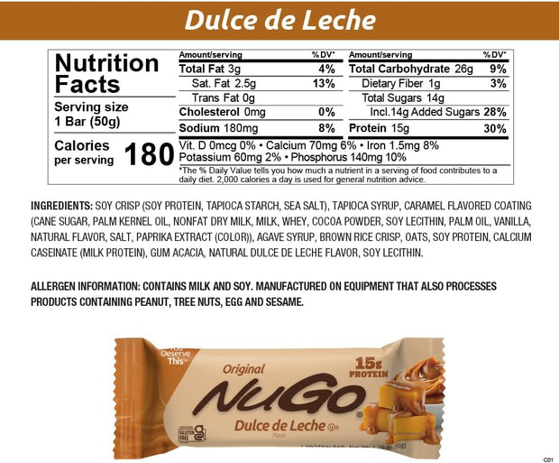 NuGo Protein Bar, Dulce De Leche, 15g Protein, Gluten Free, 15 Count
