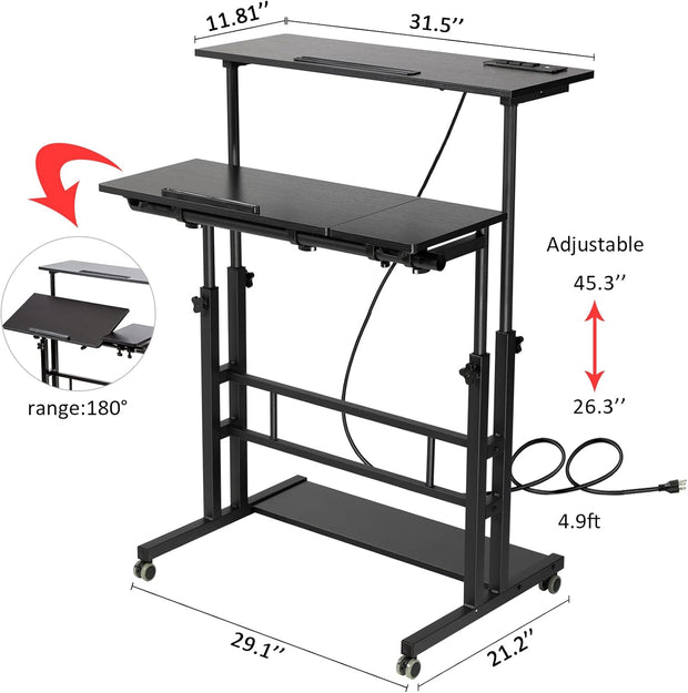 Hadulcet Stand Up/Adjustable Mobile Standing Laptop Desk - Rolling Computer Cart with Wheels & Charging Station, TV Tray, Small Drawing Desk
