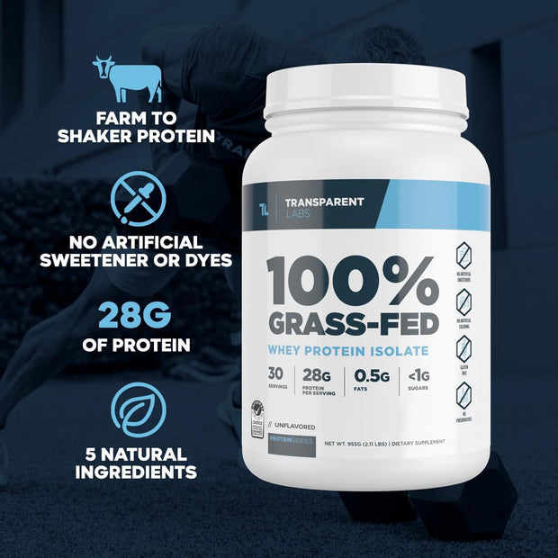 Transparent Labs Grass-Fed Whey Protein Isolate - Naturally Flavored, Gluten Free Whey Protein Powder with 28g of Protein per Serving & 9 Amino Acids - 30 Servings, Unflavored