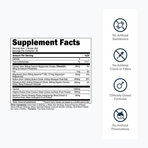 Transparent Labs Hydrate Naturally Sweetened Electrolytes Powder - Hydration Powder Electrolytes with Coconut Water, Calcium, Taurine, & Potassium - 40 Servings, Tropical Punch