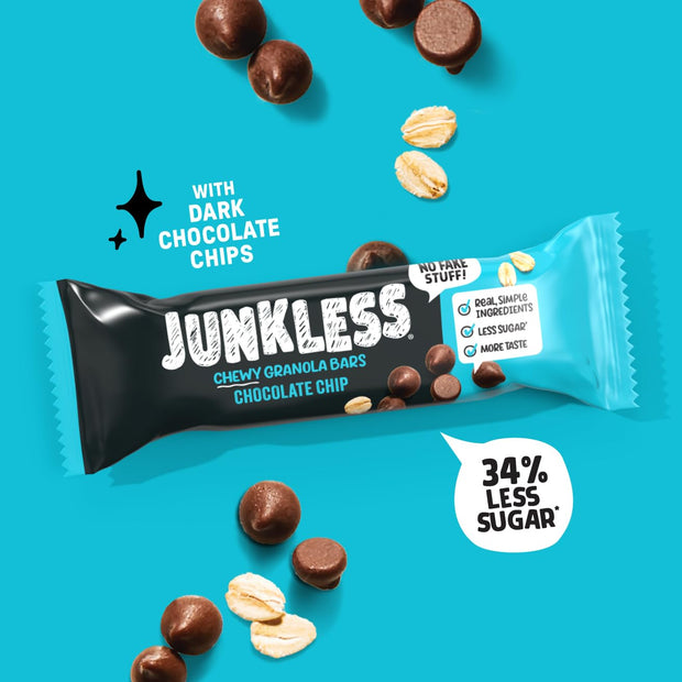 JUNKLESS Chewy Granola Bar 4‑Flavor Variety Pack (24 Bars)–Non‑GMO, Gluten‑Free, Less Sugar Snack Bars— Chocolate Chip, Peanut Butter Chocolate Chip, Cinnamon Roll & Real Strawberry, 4 Boxes