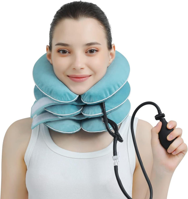 S Cervical Neck Traction Device for Neck Pain Relief - Inflatable Neck Stretcher Collar for Decompression - Best Home Use Neck Brace Pump (Black Plush)
