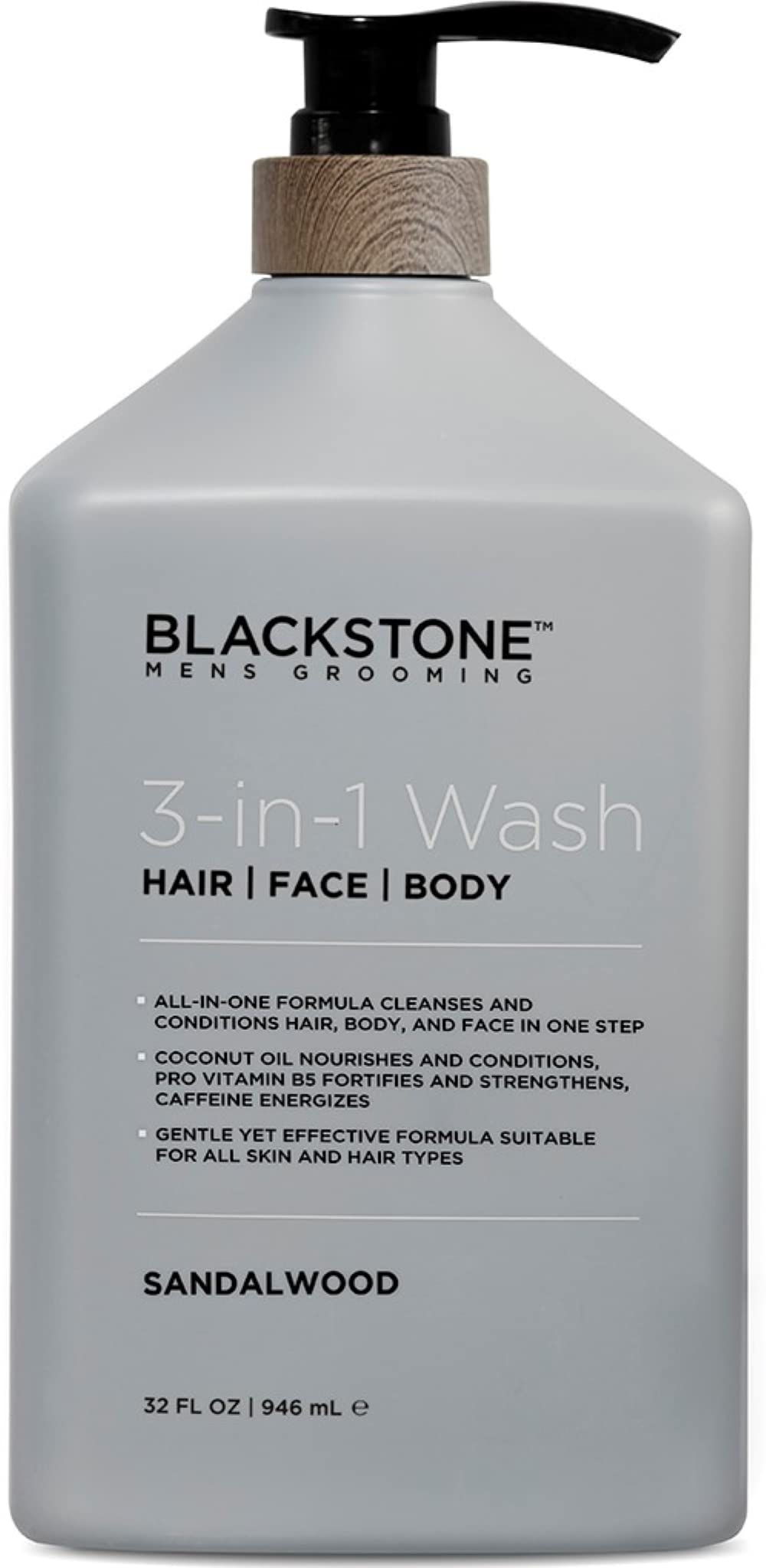 Blackstone Men's Grooming 3-in-1 Wash for Men with Coconut Oil, Vitamin B5 and Caffeine | Cleanses & Conditions Hair, Body, & Face | For All Skin & Hair Types - Activated Charcoal (32 Fl Oz)