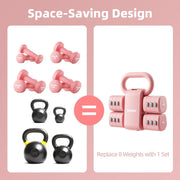 Lightweight Adjustable Dumbbell Kettlebell Set - 4 in 1 Free Weight Set with Kettlebell Grip Converter, Each 2.2 3.3 4.4 5.5lb Quick Change Weight Women Dumbbell Set for Small Spaces Home Gym