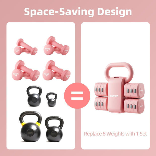 Lightweight Adjustable Dumbbell Kettlebell Set - 4 in 1 Free Weight Set with Kettlebell Grip Converter, Each 2.2 3.3 4.4 5.5lb Quick Change Weight Women Dumbbell Set for Small Spaces Home Gym
