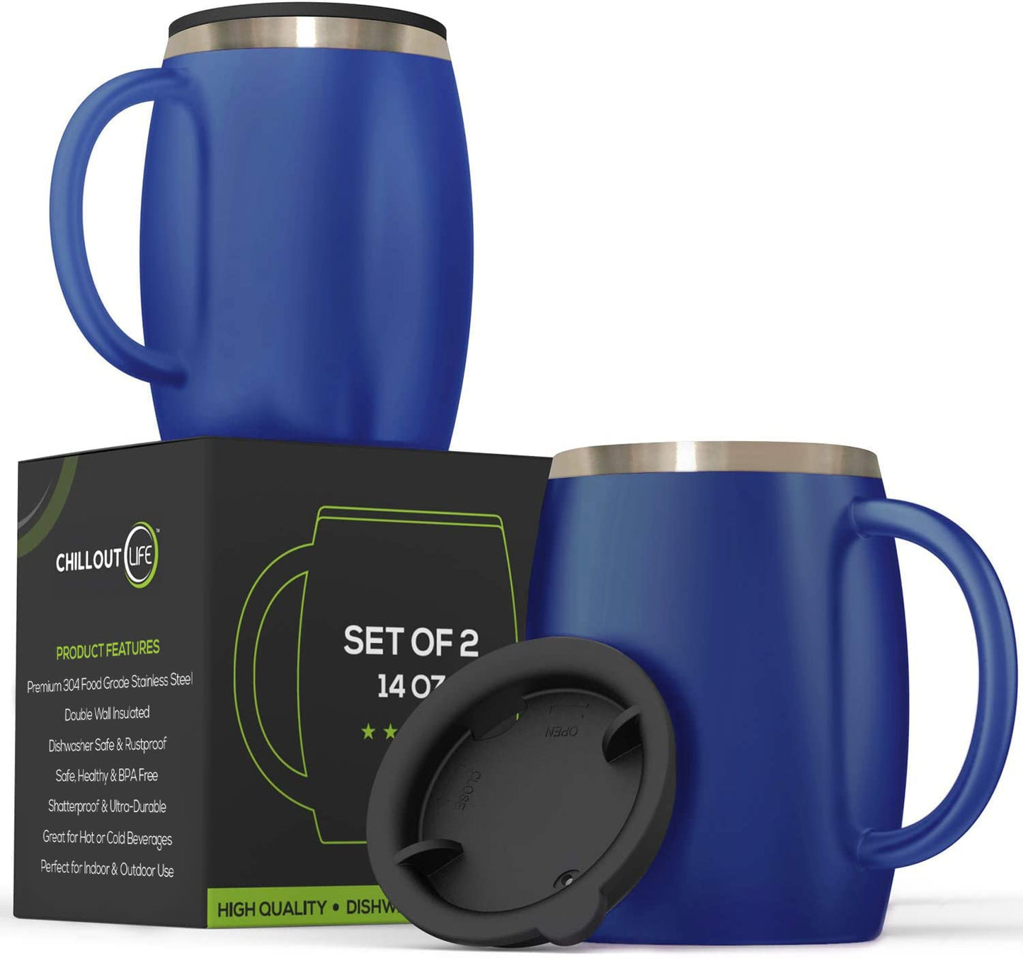 CHILLOUT LIFE Stainless Steel Insulated Coffee Mugs Set of 2 (14oz) – Double Wall Coffee Cups with Spill Resistant Lid & Strong Handle, Shatterproof Cups for Cold Drinks and Hot Beverages
