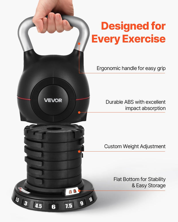 VEVOR Kettlebell, Adjustable Kettlebell with 7 Weight Levels, Die-Cast Aluminum and ABS Material, for Grip Strength Training, Full-body Workout & Cross-Training