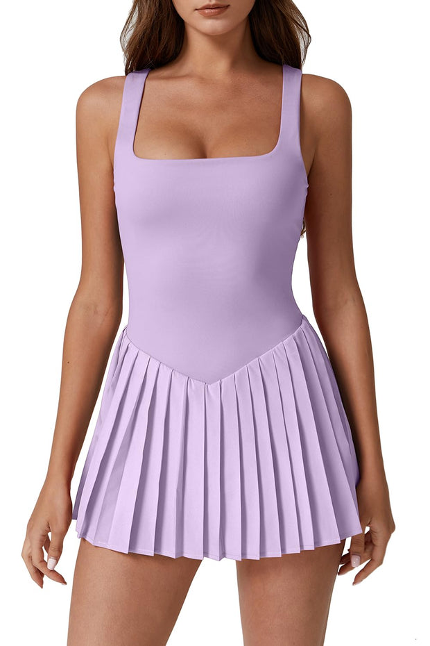 QINSEN Womens Square Neck Tennis Dress Pleated Sleeveless Built in Shorts Golf Athletic Dress with Pockets