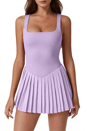 QINSEN Womens Square Neck Tennis Dress Pleated Sleeveless Built in Shorts Golf Athletic Dress with Pockets