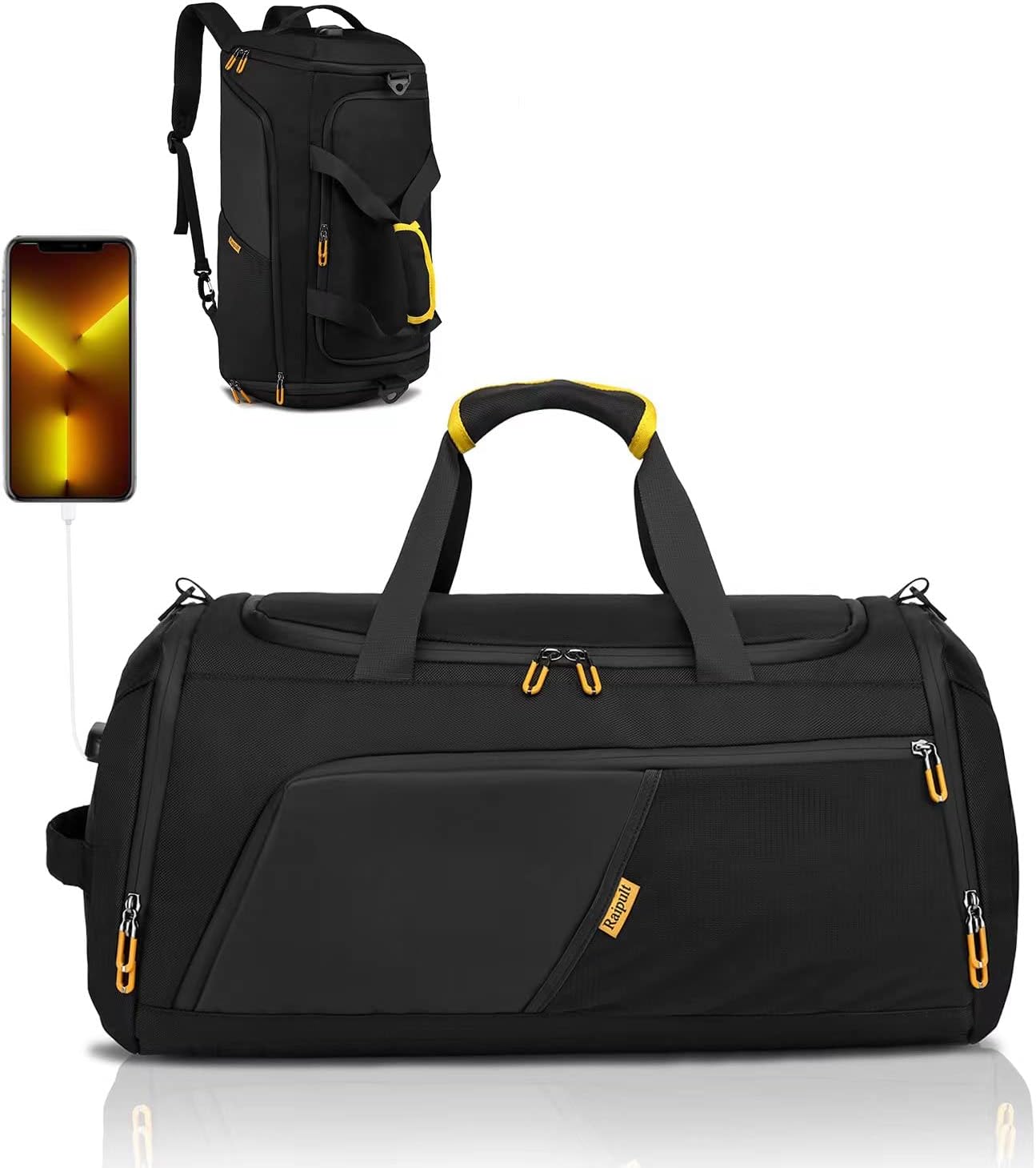 Gym Duffle Bag for Men Women, Travel Duffel Bag Backpack with Shoe Compartment & Wet Pocket, 50L Waterproof Sports Overnight Weekender Bag with USB Port, Black