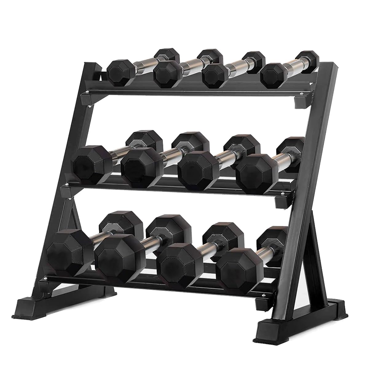 6-10 Pair Iron and Rubber Dumbbell Set 350/450 and 550 lbs 5-50 lbs Hand Free Weight for Strength Hex Coated Weights with Vertical Storage Rack Home Gym 5-50 lb - Black