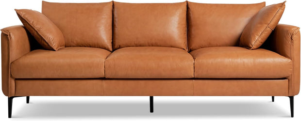Valencia Jasper 85" Cognac Tan Brown 3 Seater Full Leather Couch | Mid Century Sofa with 2 Pillows for Living Room Furniture | Plush Cushions, Nappa Leather Lounge Couch