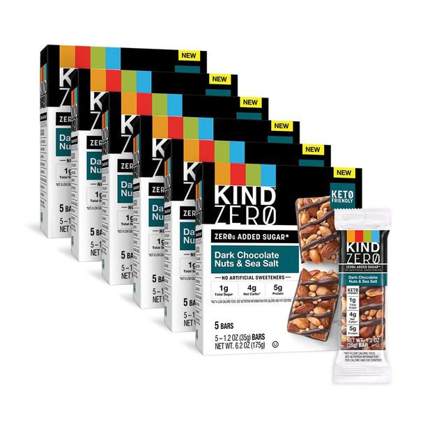 KIND ZERO Added Sugar Bars, Keto Snack, Dark Chocolate Nuts and Sea Salt, Good Source of Fiber, Gluten Free, Low Sugar, 6g Protein, 30 Count