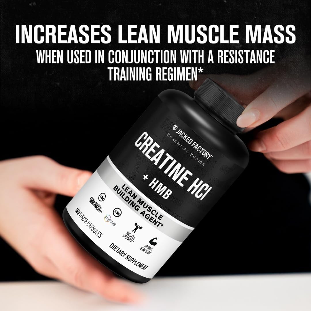 Jacked Factory Creatine HCL + HMB Capsules - Synergistic CON-CRET, myHMB, & Vitamin D Formula for Improved Growth, Strength, & Reduced Muscle Breakdown - 150 Capsules
