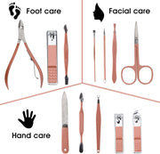 Nail Clippers and Beauty Tool Portable Set, Rose Gold Martensitic Stainless Steel Manicure Set 12 in 1, with Pink Leather Bag, Suitable for Home, Workplace, Outdoor Travel, Gift Giving, Salon.
