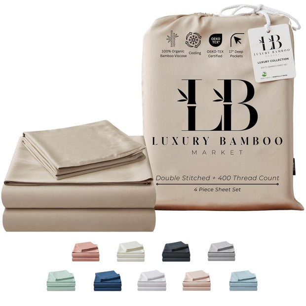 Luxury Bamboo Market | Queen Size Bed Sheet Set | 100% Viscose Made from Bamboo | Organically Grown | Ultra Soft | Cooling Sheets for Hot Sleepers | 17" Deep Pocket [Dune]