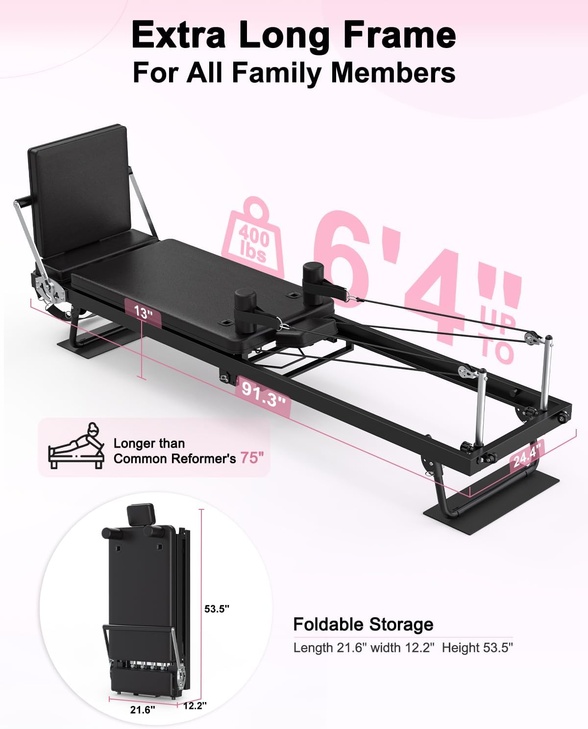 91“ Pilates Reformer Machine – Foldable Full-Body Home Pilates Equipment with Adjustable Resistance, Jumpboard, Upgraded Wheels, 400lb Support, for Rehab & Core Strength