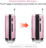Kono 3 Piece Luggage Sets Expandable(only 28") Lightweight with Spinner Wheels TSA Lock Hardside Travel Rolling Suitcases 20in 24in 28in Carry on Pink