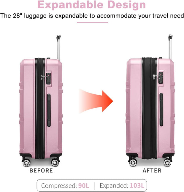 Kono 3 Piece Luggage Sets Expandable(only 28") Lightweight with Spinner Wheels TSA Lock Hardside Travel Rolling Suitcases 20in 24in 28in Carry on Pink