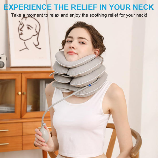 Neck Stretcher with Neck Brace,Cervical Traction Neck Device,Neck Relief Tool,Adjustable Inflatable Cervical Brace,Home Use Neck Decompression New Technology Breathable Fabric Washable&Colorfast(Gray)