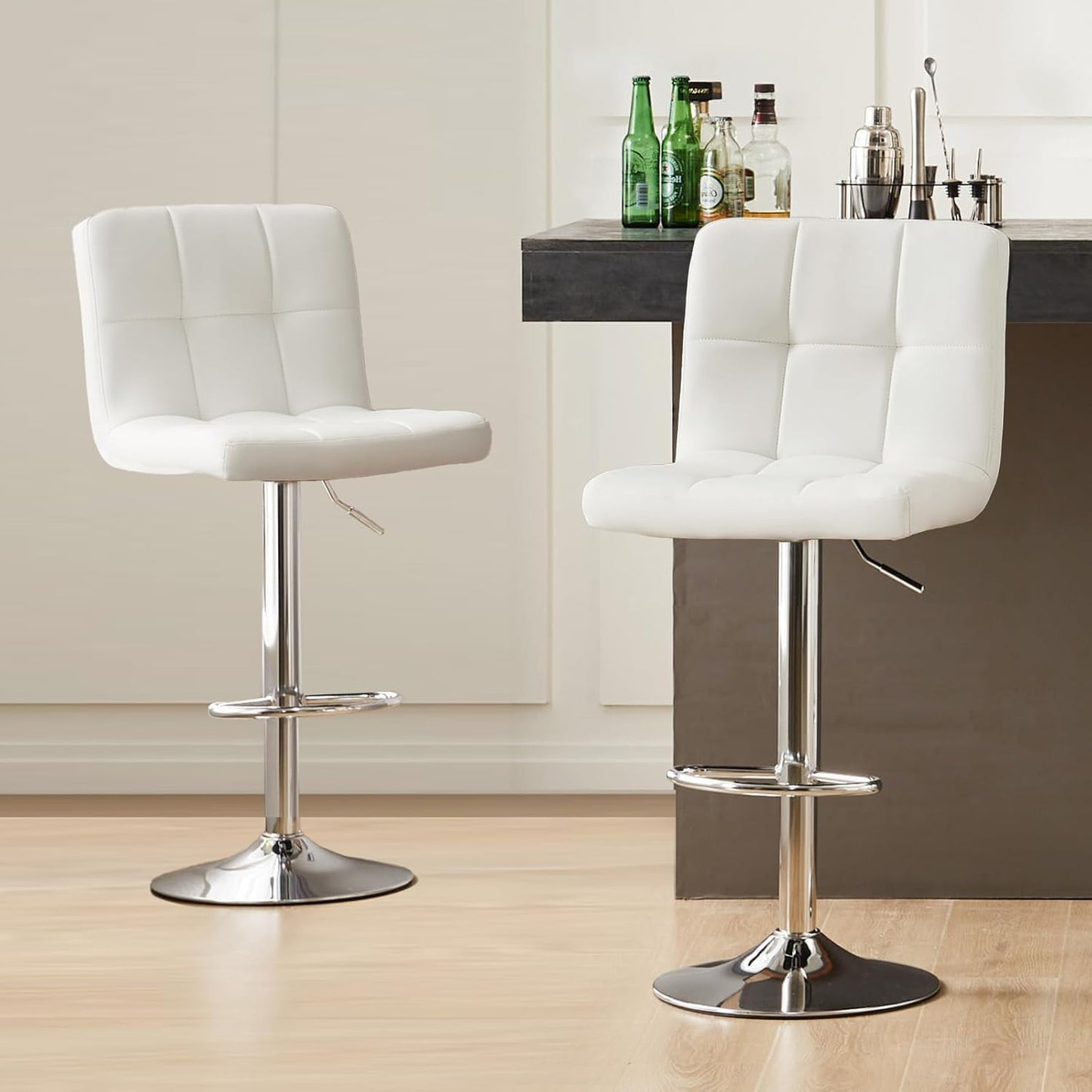Bar Stools Set of 2, Armless Hydraulic Kitchen Height Counter Bar Stools, PU Leather Adjustable Swivel Barstools, Thickened Square Seat Cushion Barstool with Back, White