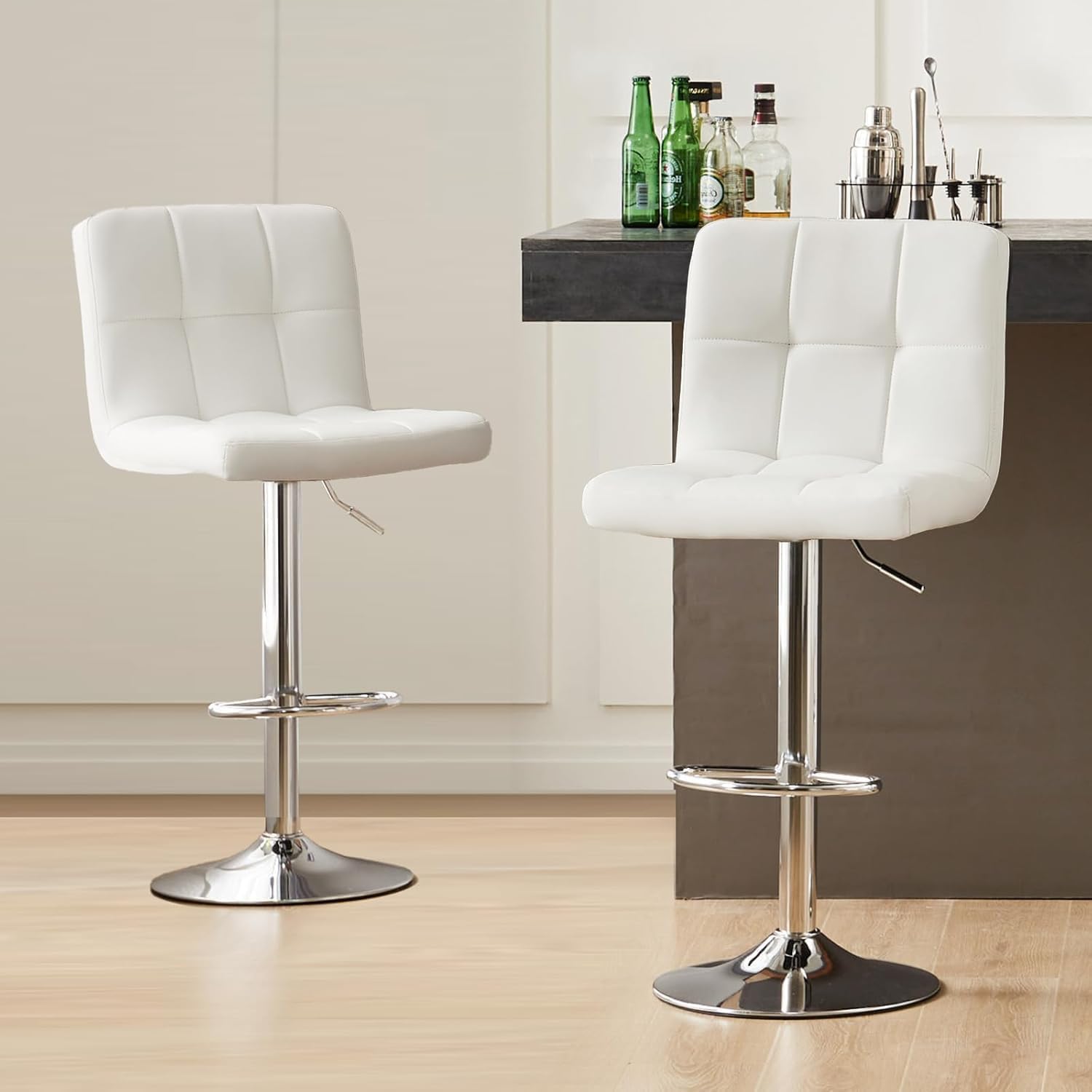 Bar Stools Set of 2, Armless Hydraulic Kitchen Height Counter Bar Stools, PU Leather Adjustable Swivel Barstools, Thickened Square Seat Cushion Barstool with Back, White