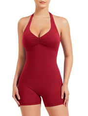 YEOREO Women Halter Workout Jumpsuits One Piece Backless Bodycon Bodysuits Hidden Scrunch V Back Yoga Joceline Short Romper